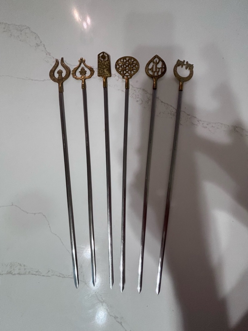 Vntg Lillian Vernon Shish Kebab Skewers Set of 6 Brass Stainless Steel Turkey
